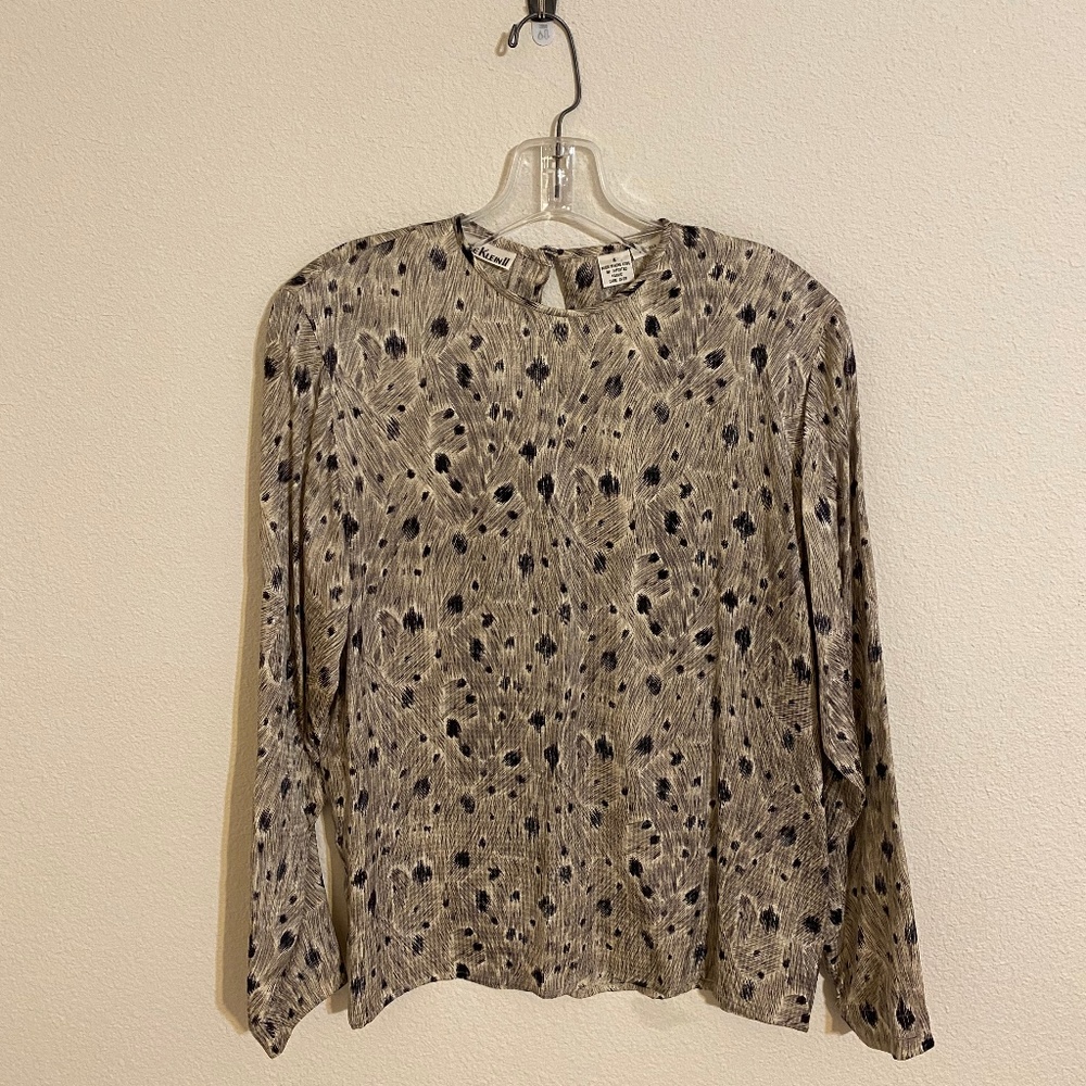 Gray and Black Patterned Vintage Silk Blouse